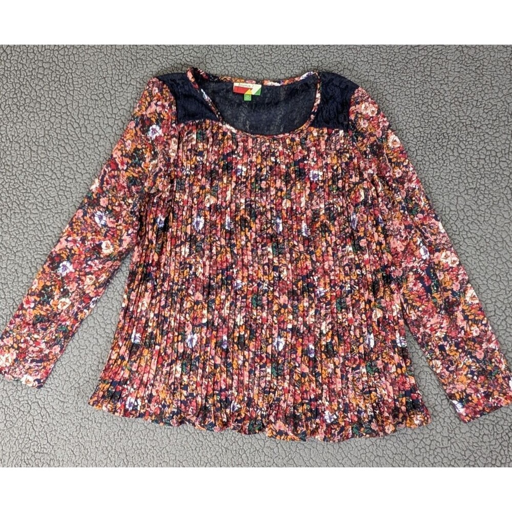 Fervour ModCloth Top Medium Lace Inset Tiny Pleats Front/Back Scoop Neck Floral